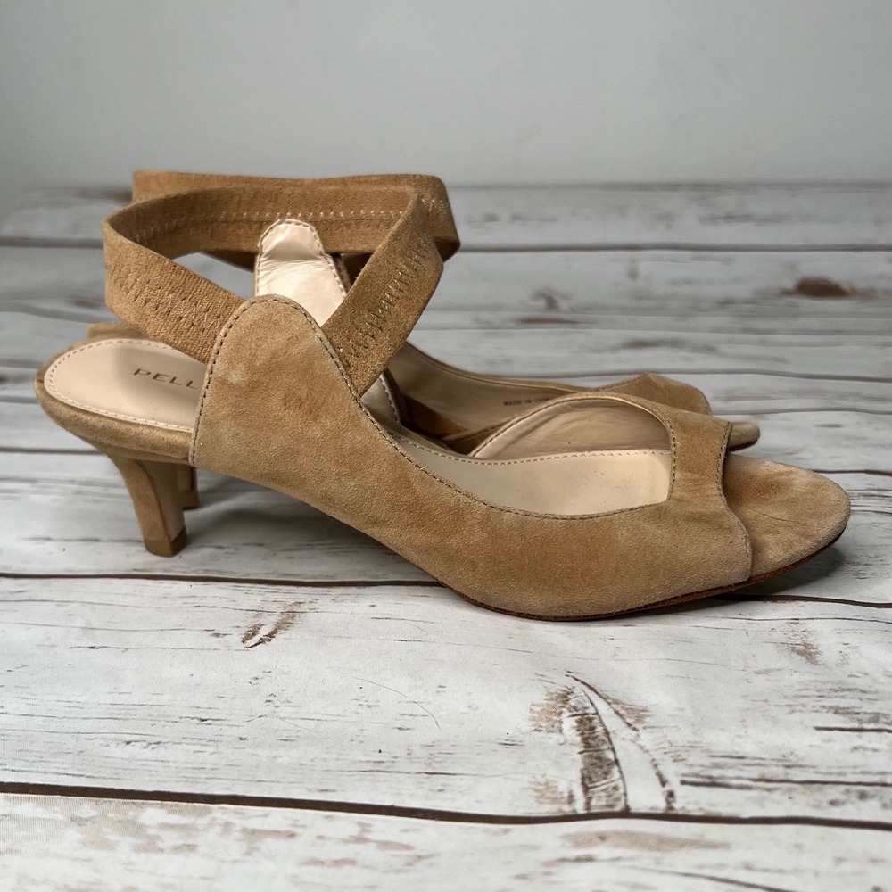 Pelle Moda Kitten Heel Sandals Tan Suede Peep Toe d'Orsay Slingback 6.5M
